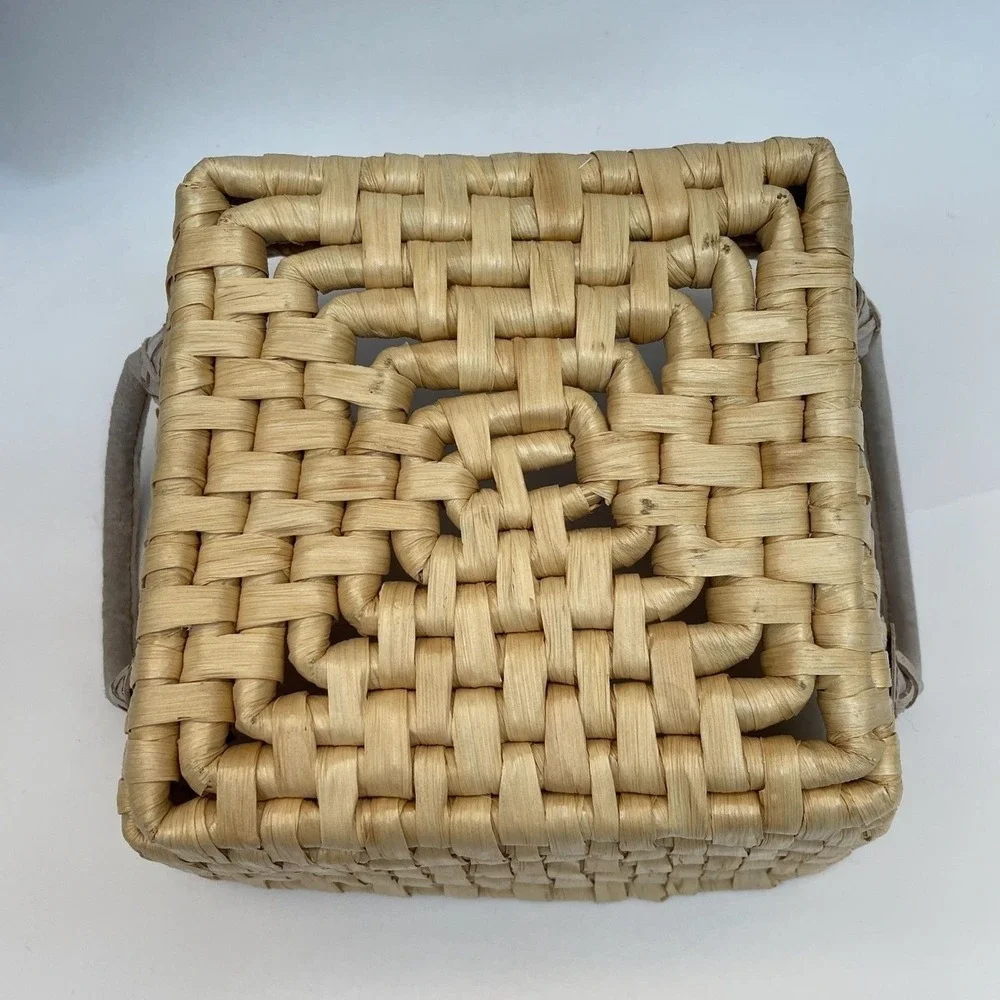 Natural Square Wicker Woven‎ Basket with Handles Leather 10